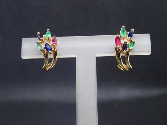 Boucle d'oreille en or jaune 750/ème de 2.54g, émeraude, saphir, rubis/ Bijoux d'occasion